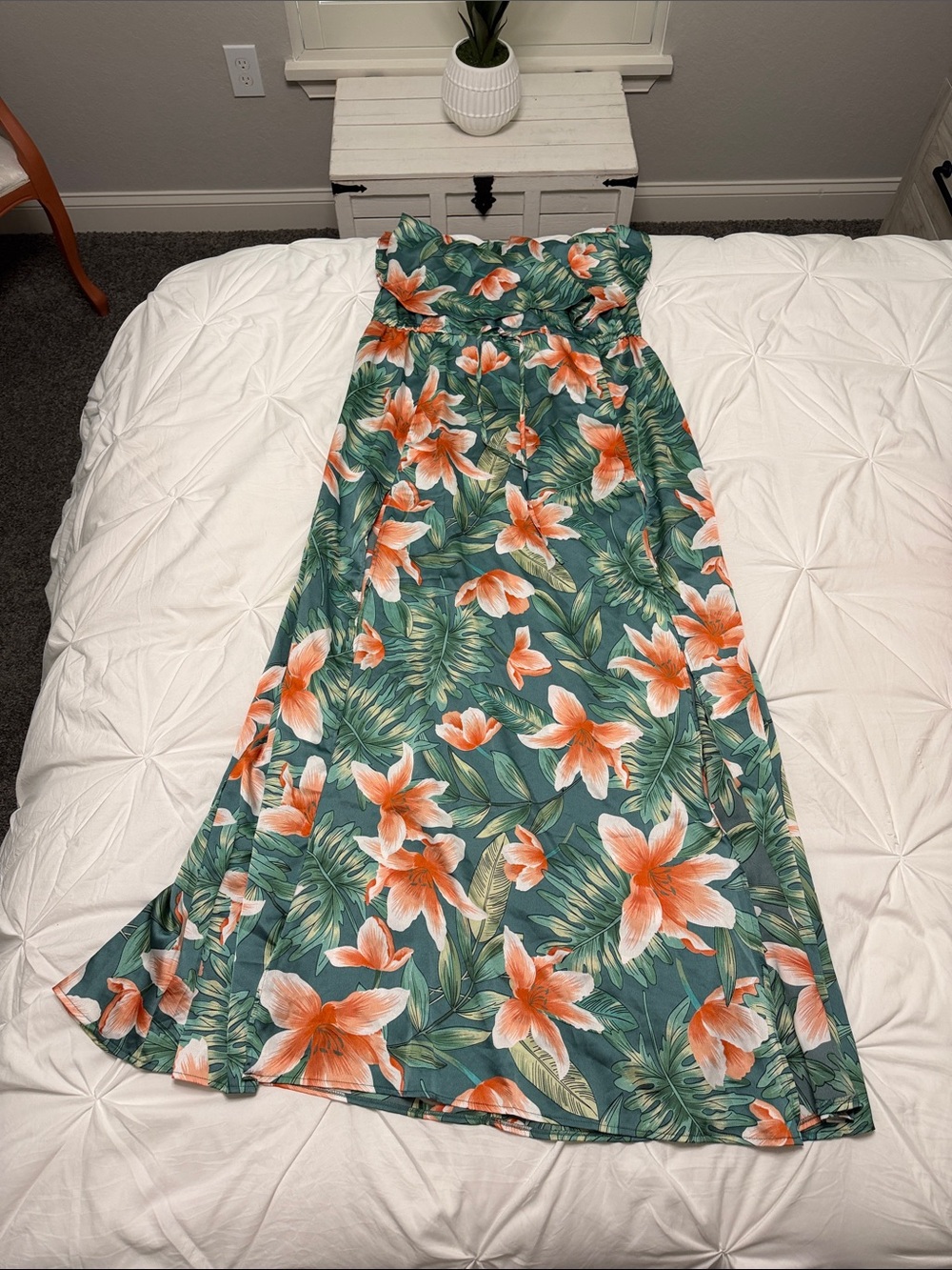 Tropical Strapless Maxi Dress with Orange Floral Print